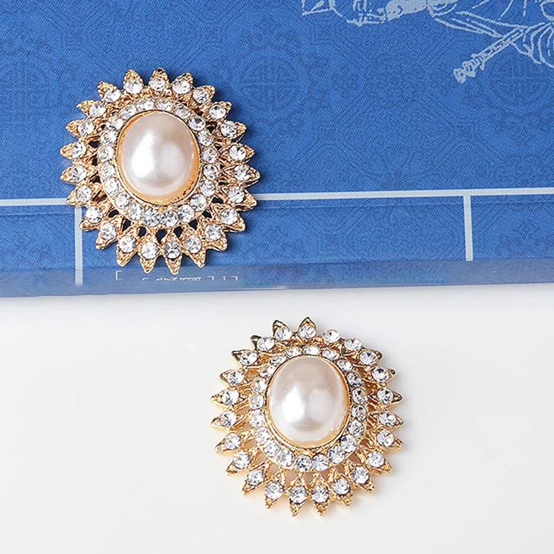 Engood 60Pcs 2 Rows Rhinestone Pearl Oval Button Sewing Trim Embellishments Craft Buckle DIY Bridal Bouquet Hair Ornaments Decor