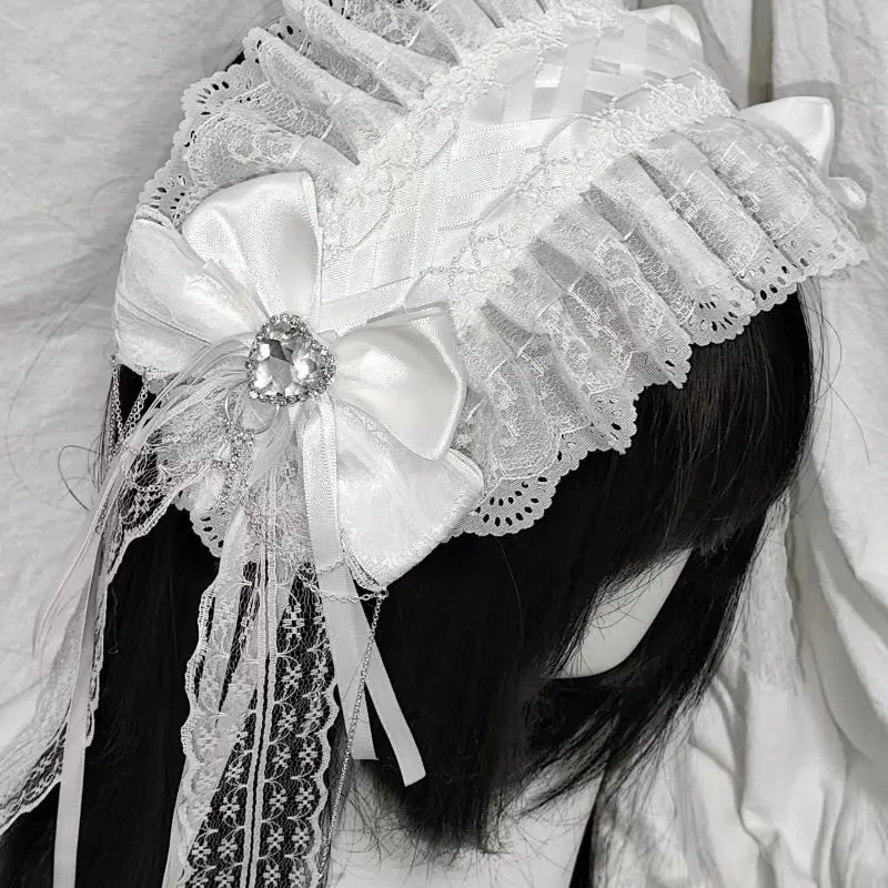 Y2K Girls Lace Headband Ornaments Vintage Black White Lace Bow Hairbands Lolita Maid Nakrycie głowy Fold Bow Eye Mask