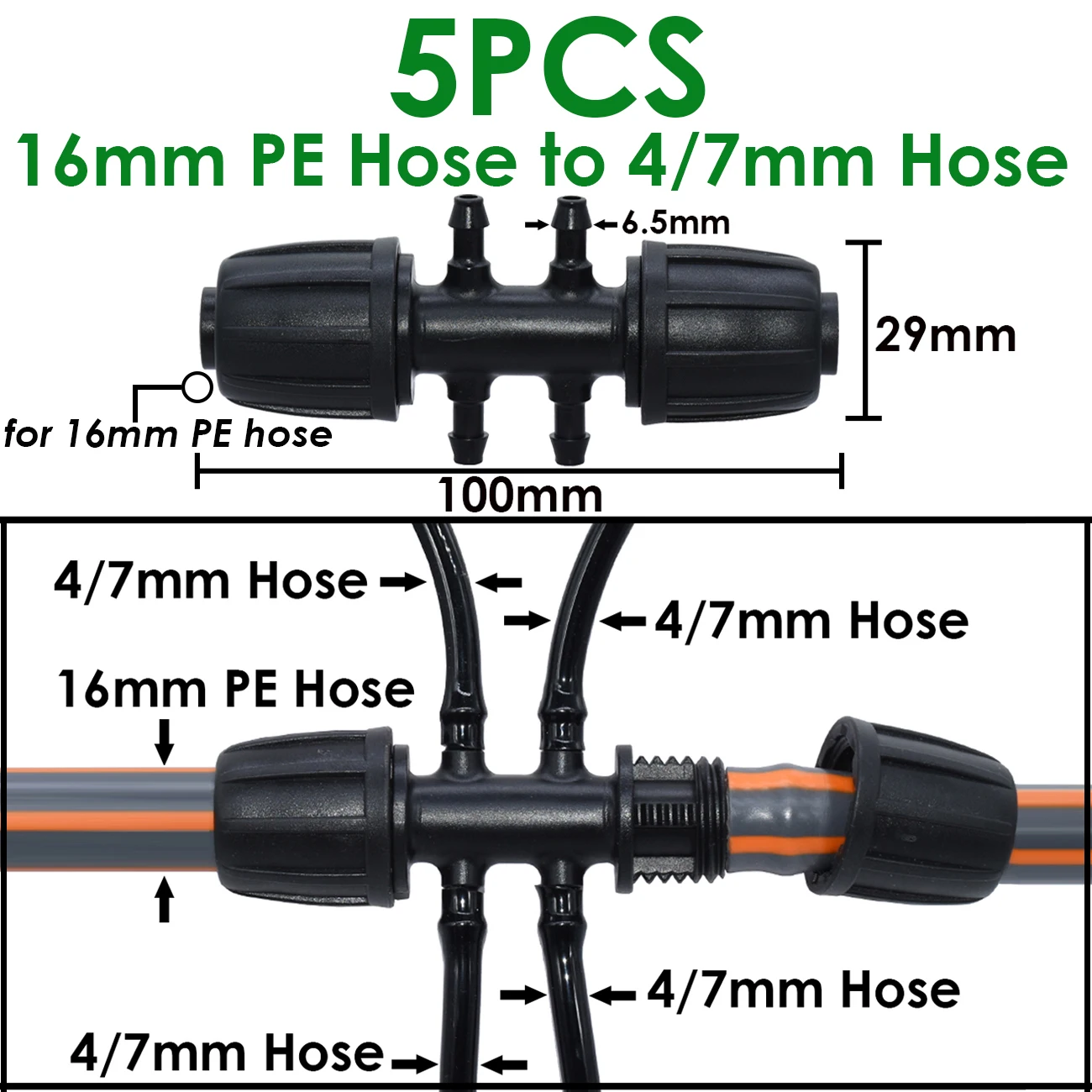 Sprycle PVC Garden Pipe Connector, Rega Gotejamento Irrigação Acoplamento, Tee Thread Lock, 4 7 3 5mm Mangueira, 16mm 1/2 \