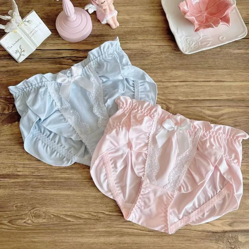Women Milk Silk Ruffle Soft Underwear Middle Waist Smooth Cute Lovely Sweety Panties Princess Style Breathable Elasticity Breifs