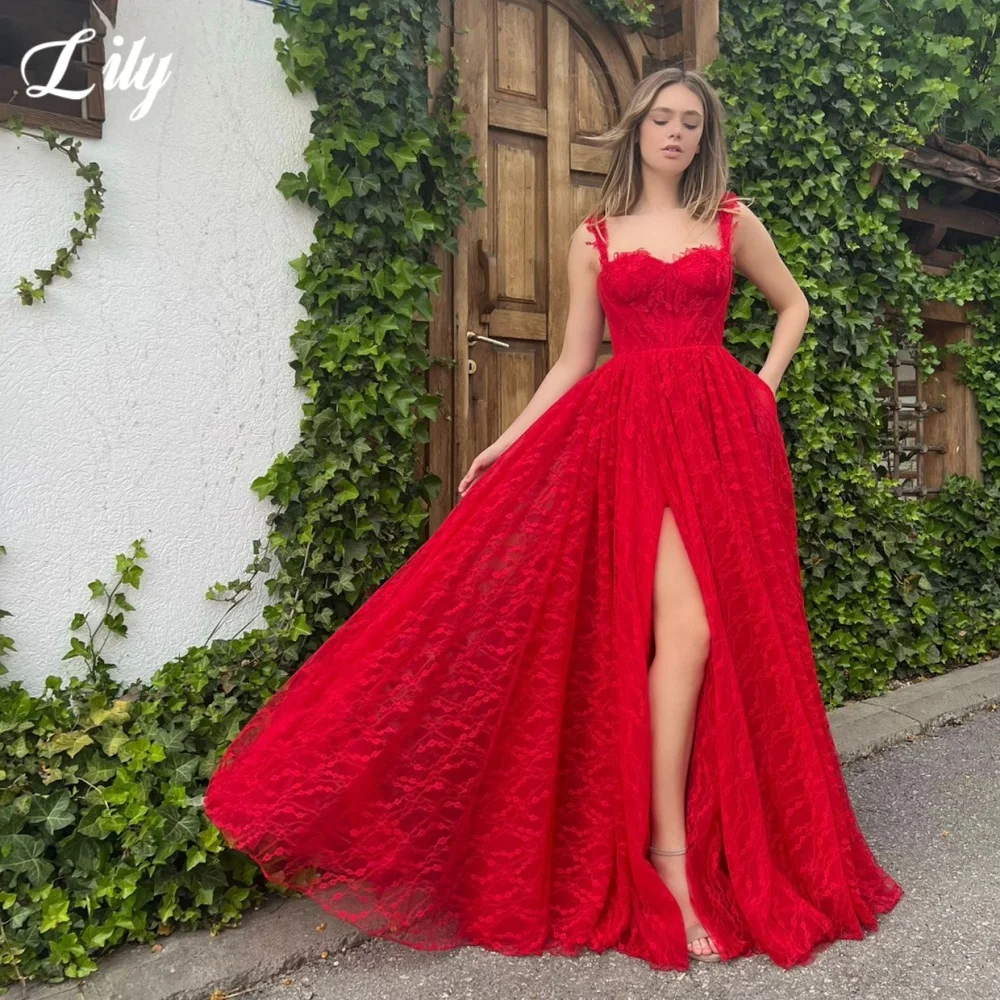 

Lily Red Elegant Prom Dress Sweetheart Spaghetti Straps Prom Gown Backless Split Formal Gown for Woman robe de bal Customized