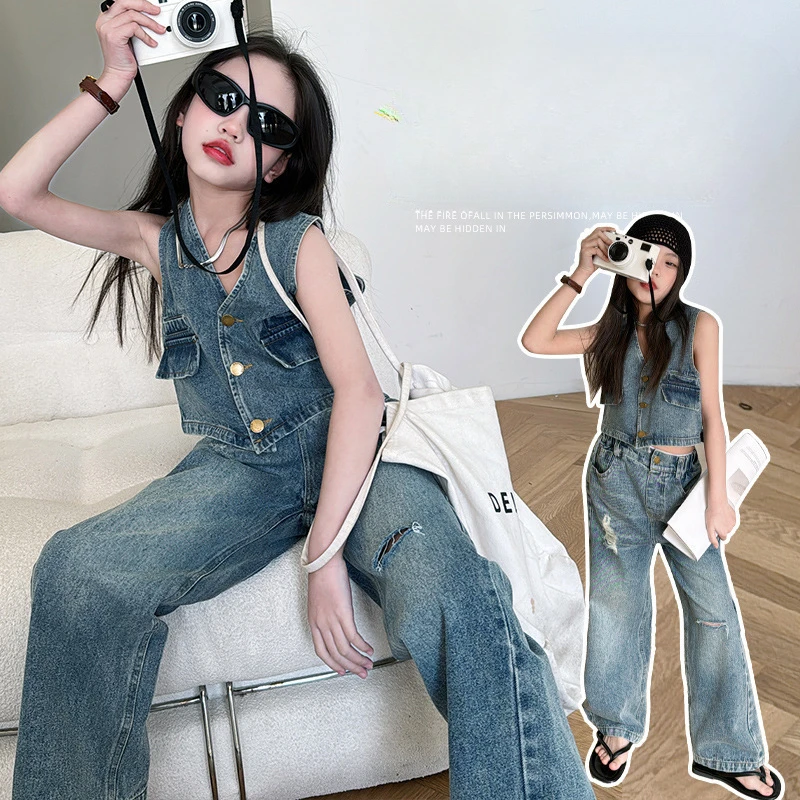 

Girls Suits Set 2024 Summer Retro Blue Jeans New Slimming Wide-leg Pant Vest Simple Casual Two-piece Set Clothes Suits