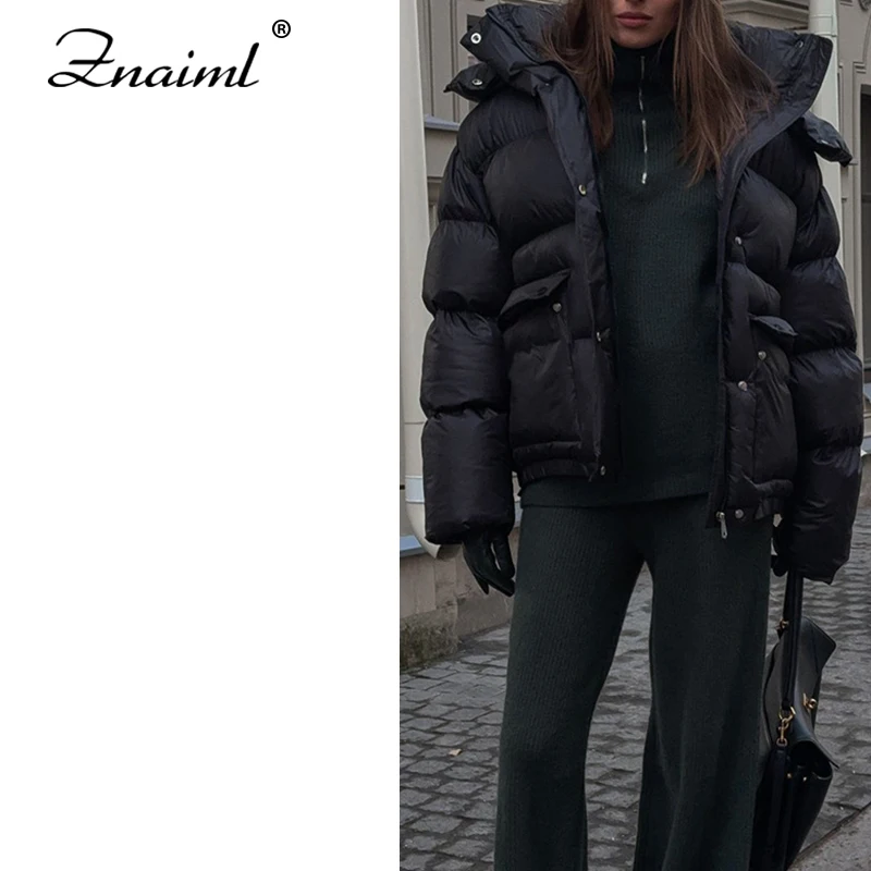 

Znaiml Women's Hooded Jacket Winter Warm Cotton Black Stand Collar Long Sleeve Casual Streetwear with Pockets Fashion Outerwear