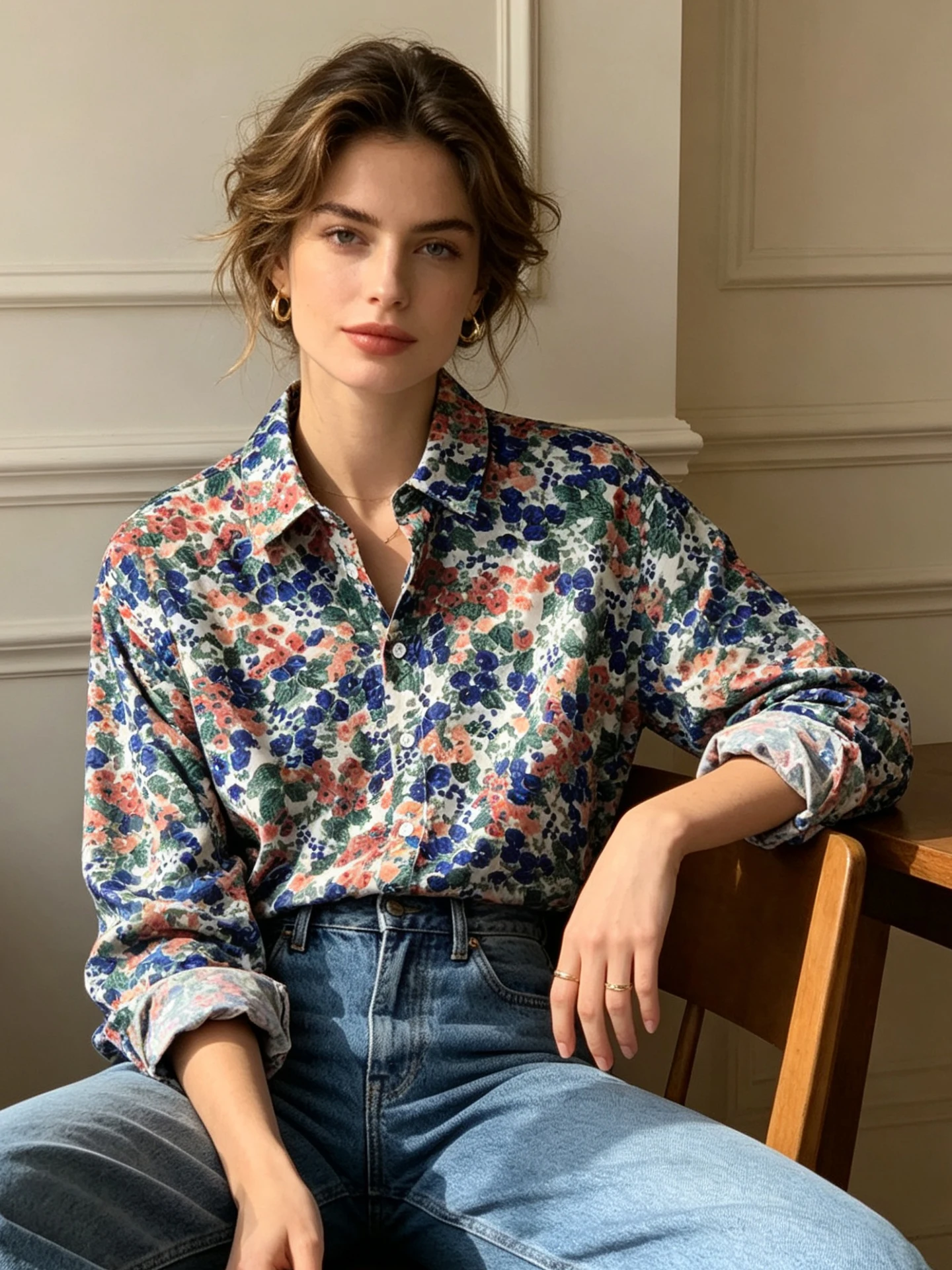 

Retro Oil Painting Style Floral Pure Cotton Shirt Loose Lazy Shoulder Drop Sleeve Women's French Style Loose Fit Floral Print...