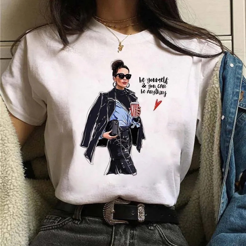 Woman Fashion Print T Shirt Harajuku 90s Ulzzang Black Tshirts Casual Round Neck Short Slee Top Tee Shirt,Drop Ship