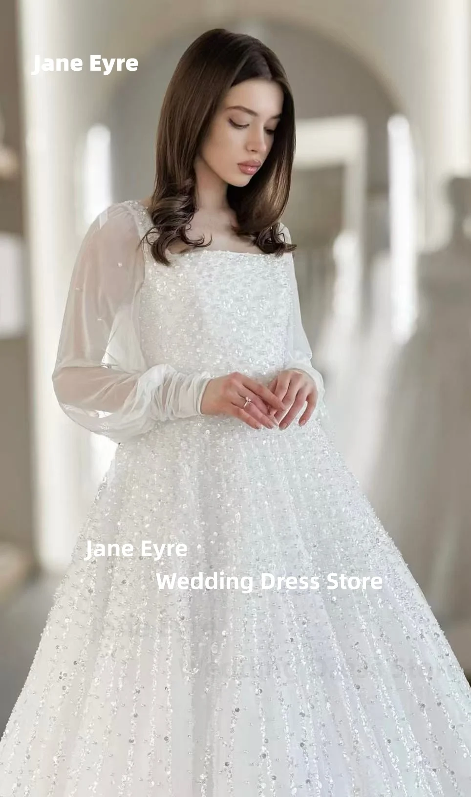 Jane Eyre-Vestido De Novia De lujo personalizado, Vestido De encaje con cuentas y princesa, Vestido De baile con cuello cuadrado, Vestido De Novia De manga larga