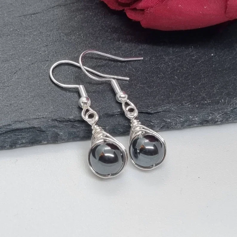 Hematite Earrings, Wire Wrapped Earrings