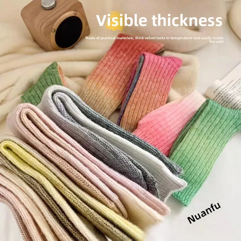 Chic Tie Dye Wool Socks Women Winter Warm Fleece Lined AB Mismatch Stacked Ankle Socks Trendy Gradient Color Design