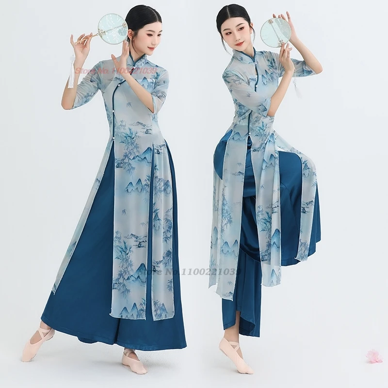 

2026 chinese folk dance costume national flower print mesh qipao tops+pants set vintage stage performance dance dress qipao