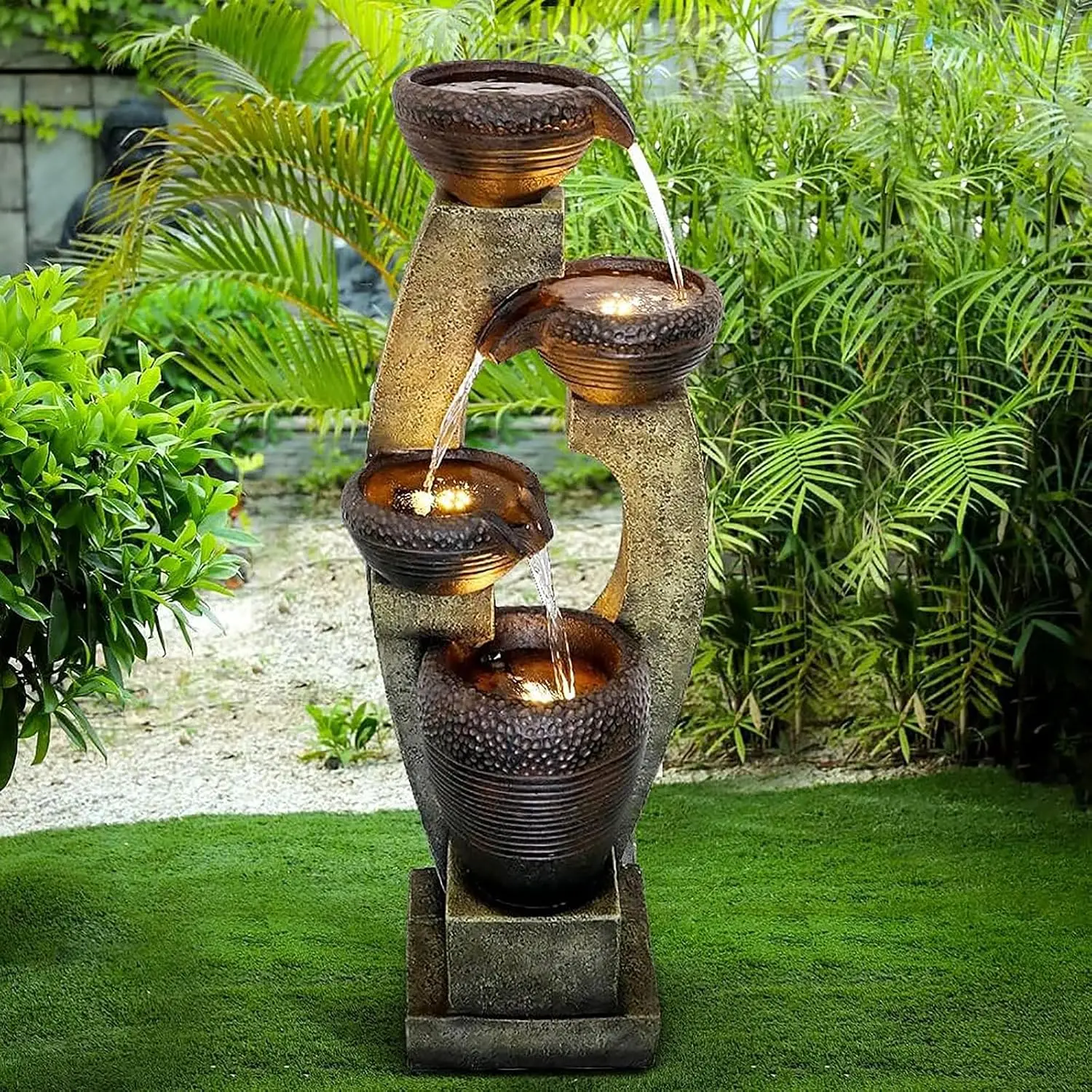 

40" Tall Outdoor Water Fountain with LED Lights, 4-Tier Crocks for Garden Patio Deck Porch Backyard, Gray, Custom