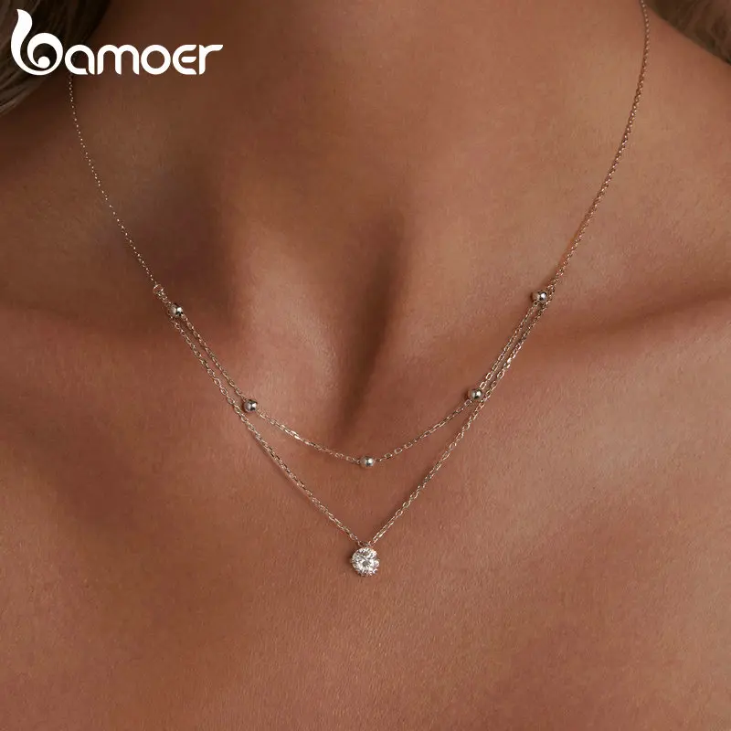 BAMOER Moissanite Layered Pendant Necklace, 925 Sterling Silver Round Multilayer Stylish Dainty Choker Necklace 17.7 inches