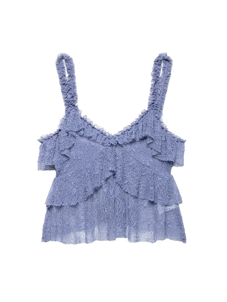 

SIYANG Women Fashion Blue Lace Ruffled Pleated Backless Camis Tops Vintage Straps V-Neck Female Chic Lady Tops