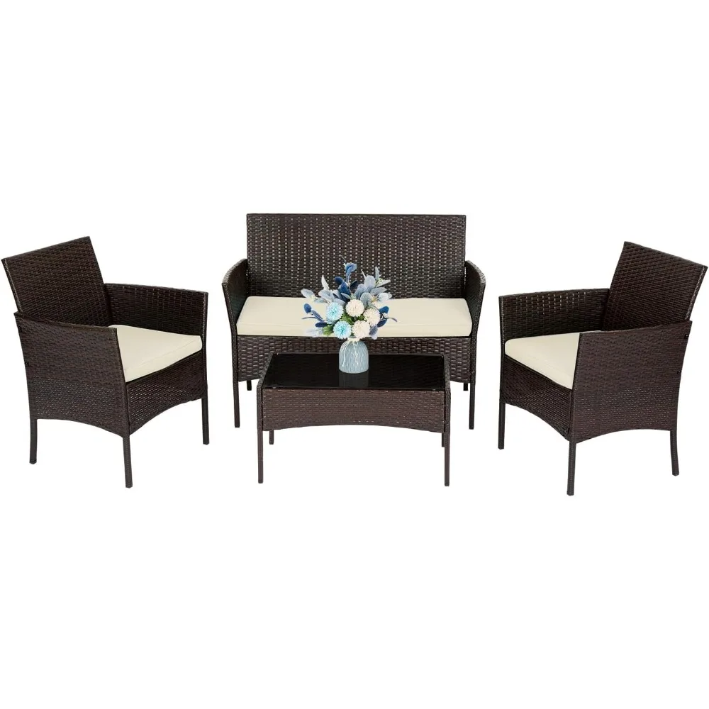 

Patio Furniture Set 4 Pieces Outdoor Rattan Chair Wicker Sofa Garden Conversation Bistro Sets
