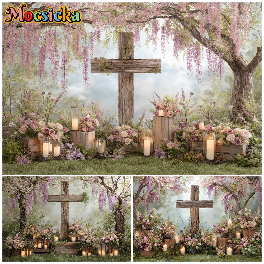 

Mocsicka Cross Photography Background Spring Flower Pray Baptism Decoration Newborn Photo Backdrop Party Studio Banner Photozone