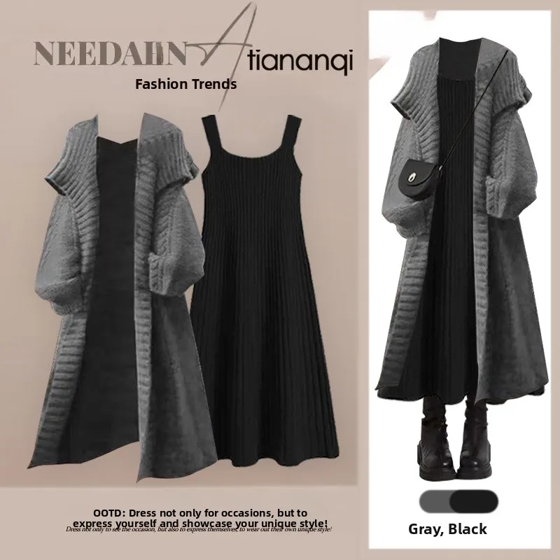 

Korean Style Long Knitted Set Women's Elegant Slimming Strap Dress Two-Piece Suit Autumn Fashion Casual Loose Fit Vintage