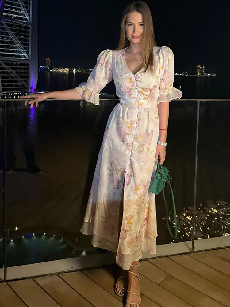 Sexy Print Ruffles Halter Long Dress Women V-neck Backless Sleeveless A-line Female Dresses 2026 Summer Autumn Lady Robe New