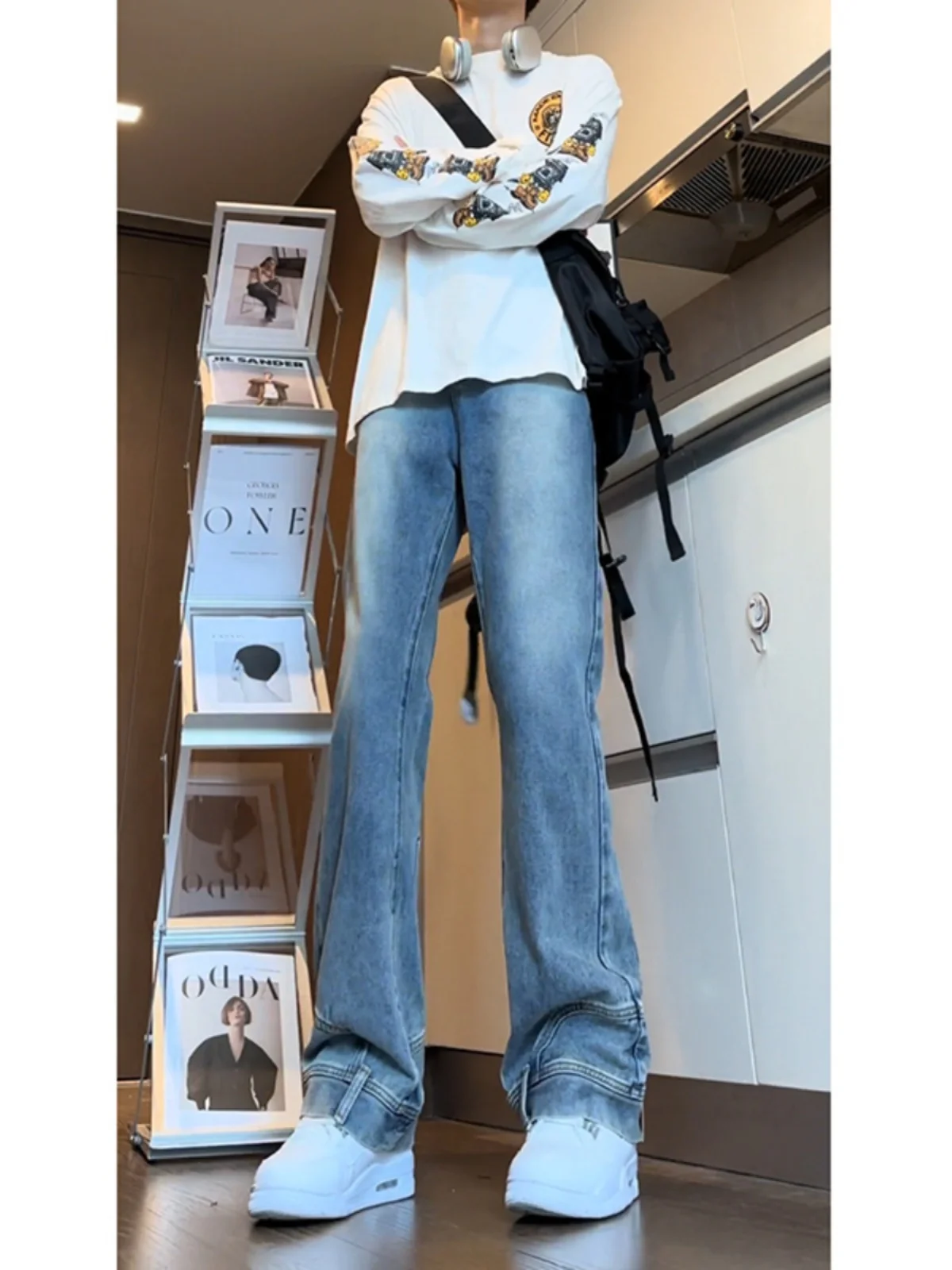 

Slimming High Waist Jeans Men's Summer Thin Straight Leg Jeans Long Leg Lengthening Bell Bot Classic Blue Cotton Denim