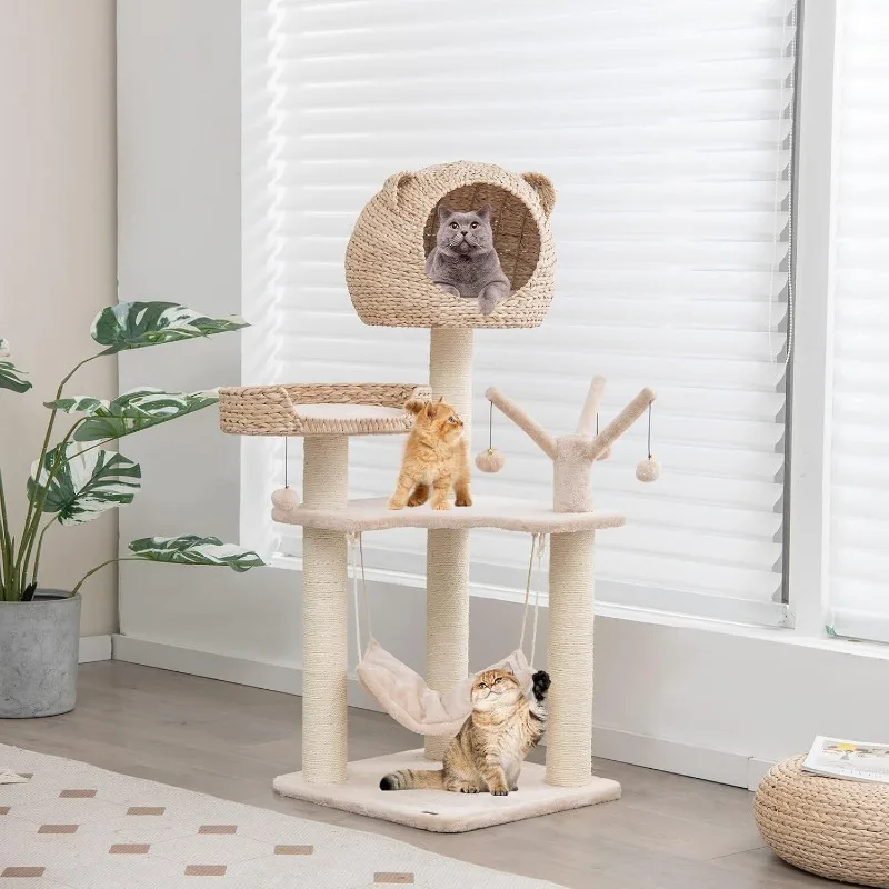 Modern Cat Tree Tower, Multi-Level Tall Activity Center with Natural Sisal Scratching Posts, Hammock, Hand-Made Cattail Cute