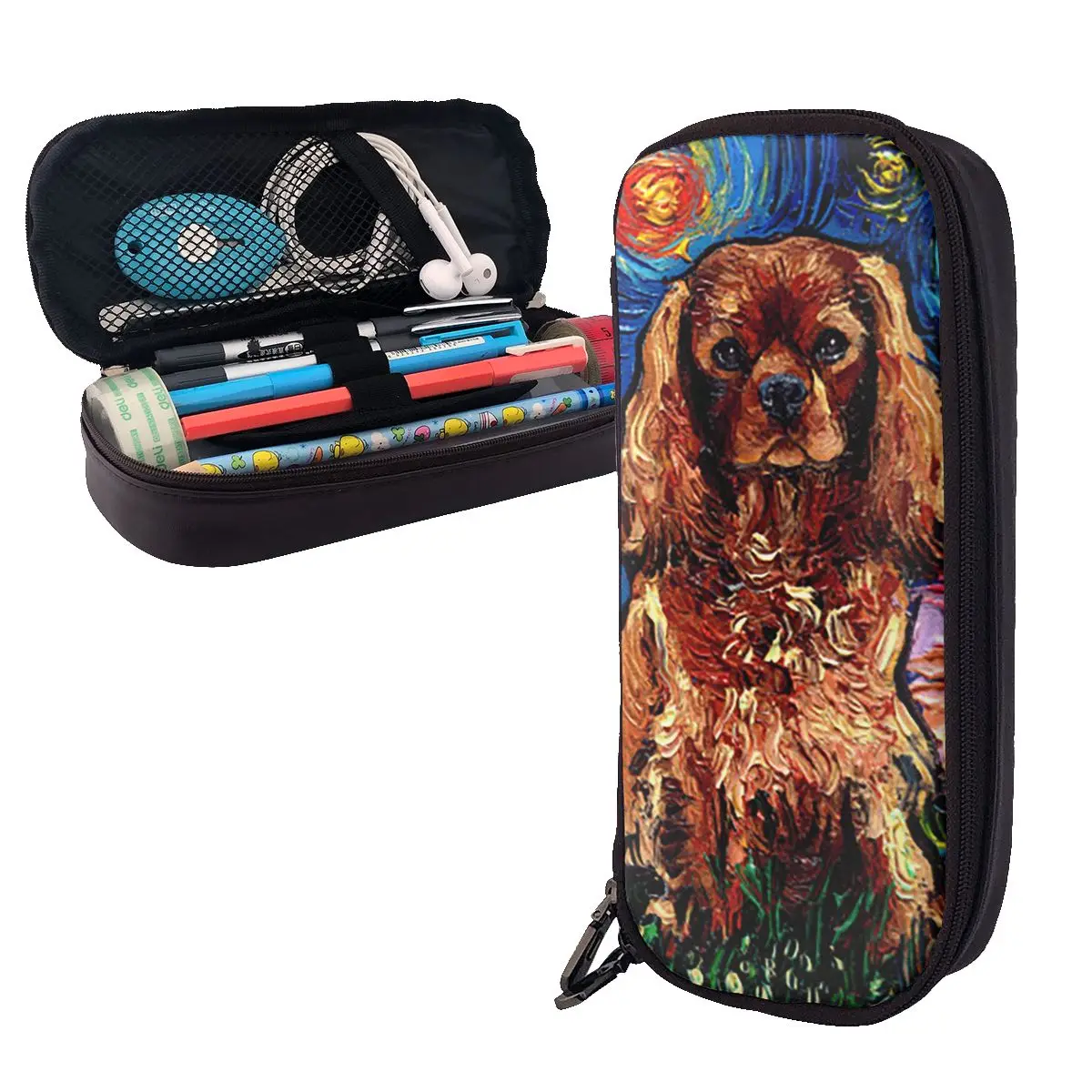 Estuche para lápices de cuero Ruby Dog Cavalier King Charles Spaniel Night, portalápices, suministros de papelería, caja para bolígrafos, bolsa para lápices