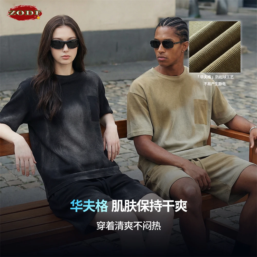 ZODF New 2026 Summer 325gsm Monkey Washed Waffle T-Shirts For Men Unisex Retro Distressed Short Sleeve T Shirt Tees HY1217