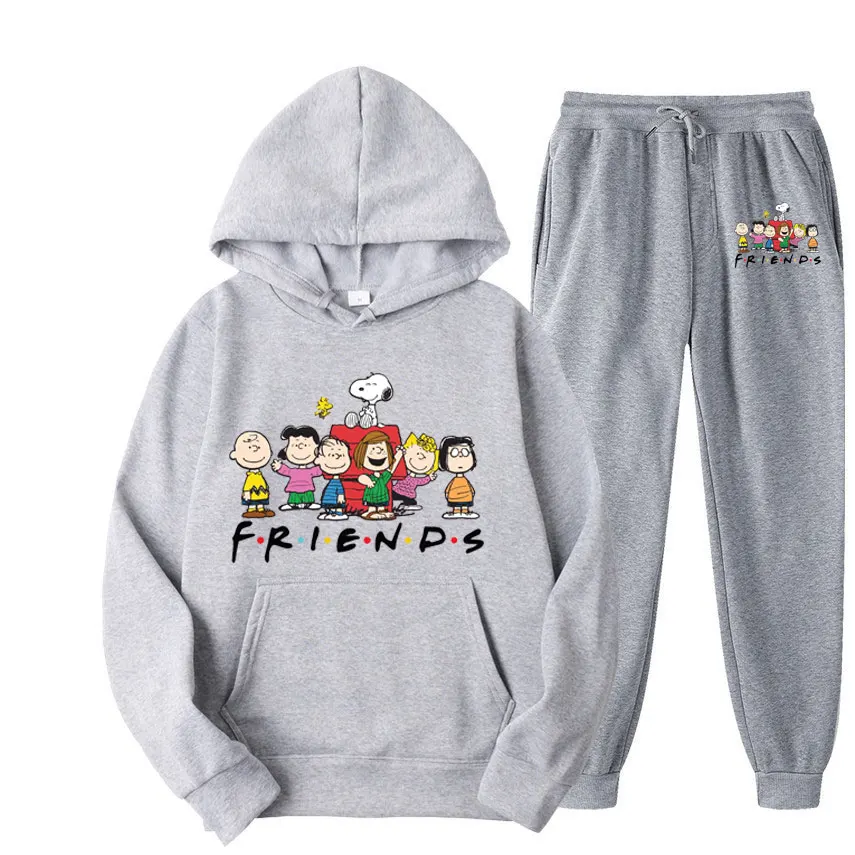 Snoopy Friends Cartoon Anime Women Sweatshirt Sweatpants Set New Fashion Men Pullover Pants Suit Autumn Couple Hoodie Pant Sets