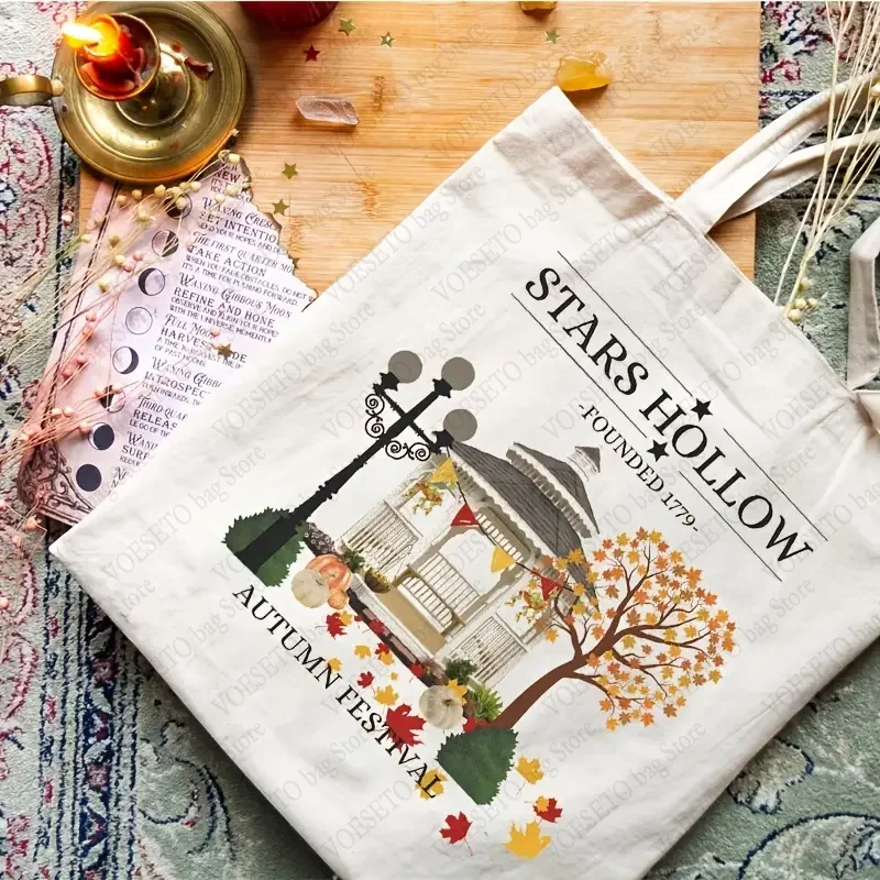 Stars Hollow Pattern Tote Bag Autumn Casual Canvas Shoulder Bag Female Shopping Bags Great Gift for Stars Hollow Fans