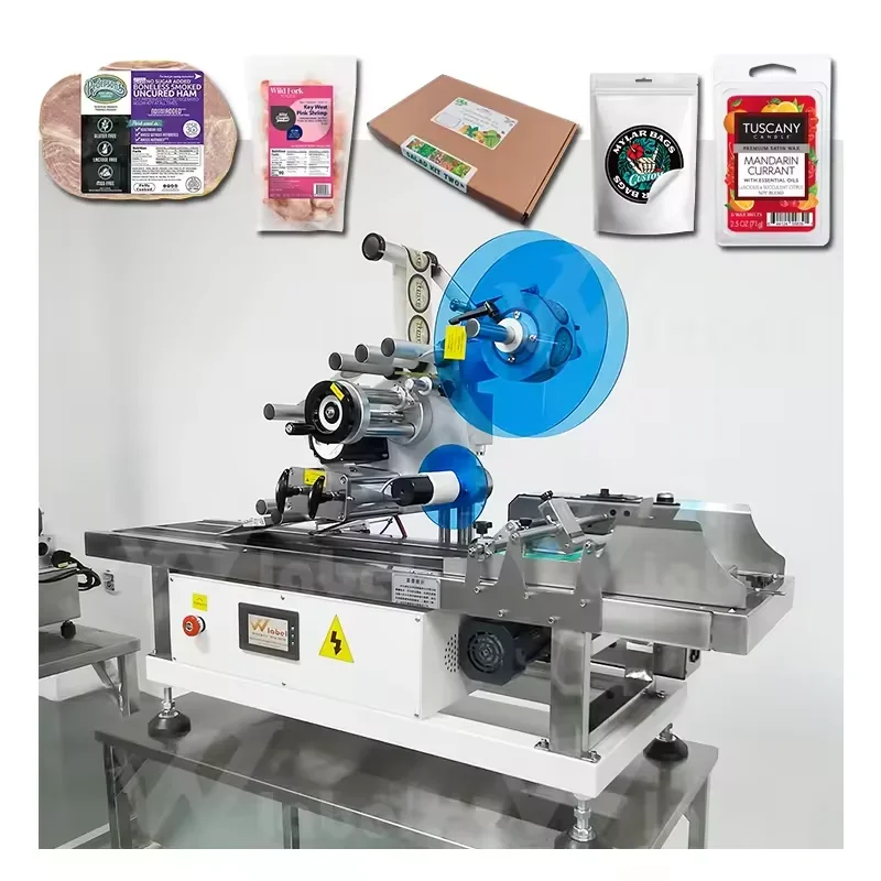 High speed 100-200 per time card tag pouch mylar bag doypack desktop label applicator automatic feeder flat labeling machine