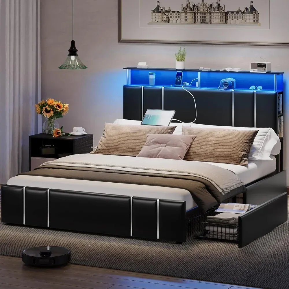 Queen Bed Frame with Bookcase Headboard and 4 Storage Drawer, Leather Upholstered with Charging Station, LED Queen Bed Frame