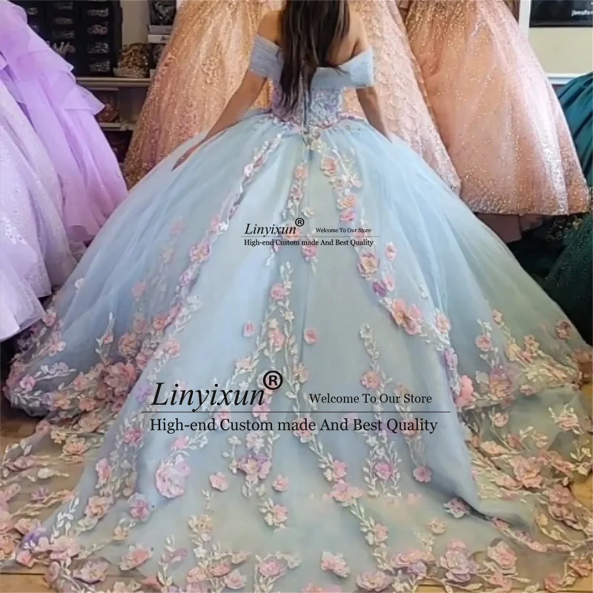 Роскошное бальное платье принцессы небесно-голубого цвета, платья Quinceanera, бусины, 3D цветы, аппликации стразы, Роскошные платья 15 лет