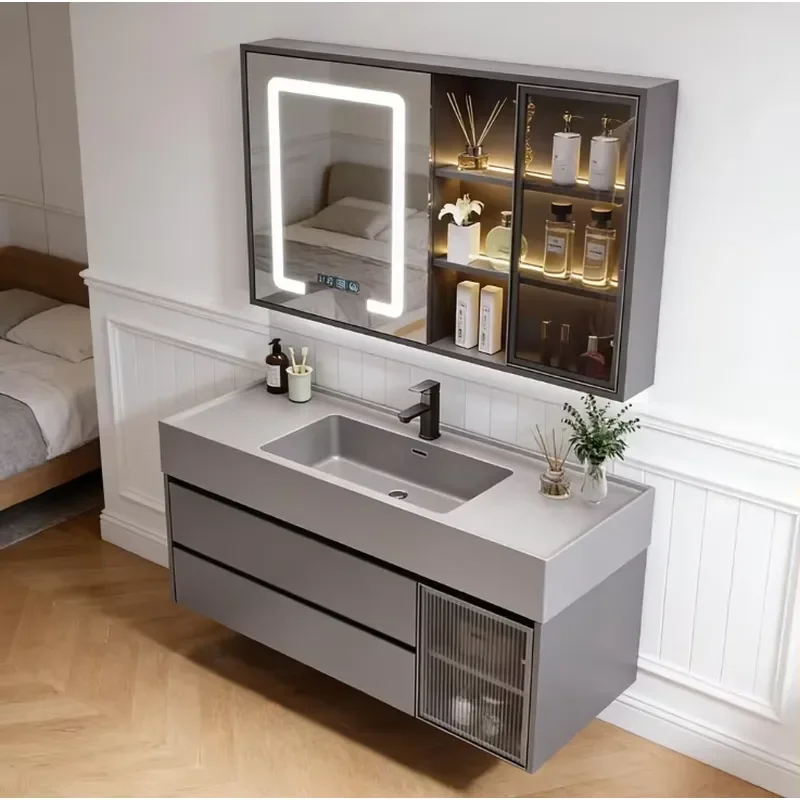 Floating Bathroom Cabinet Solid Wood Multi-Layer Integrated Ceramic Basin Vanity Mirror Ample Storage Space for Modern Home