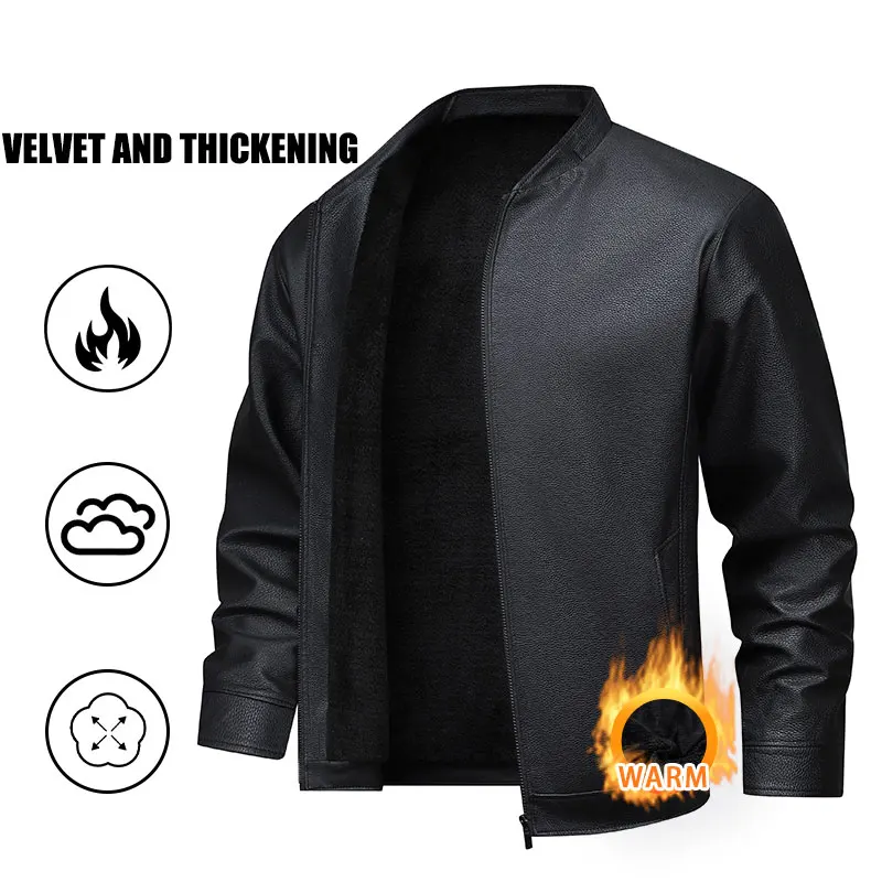 

Men Leather Jacket Winter Outdoor Stand Collar Fleece Warm Motorcycle Cycling Sports Jacket Thick Windproof Casual Leather Coats