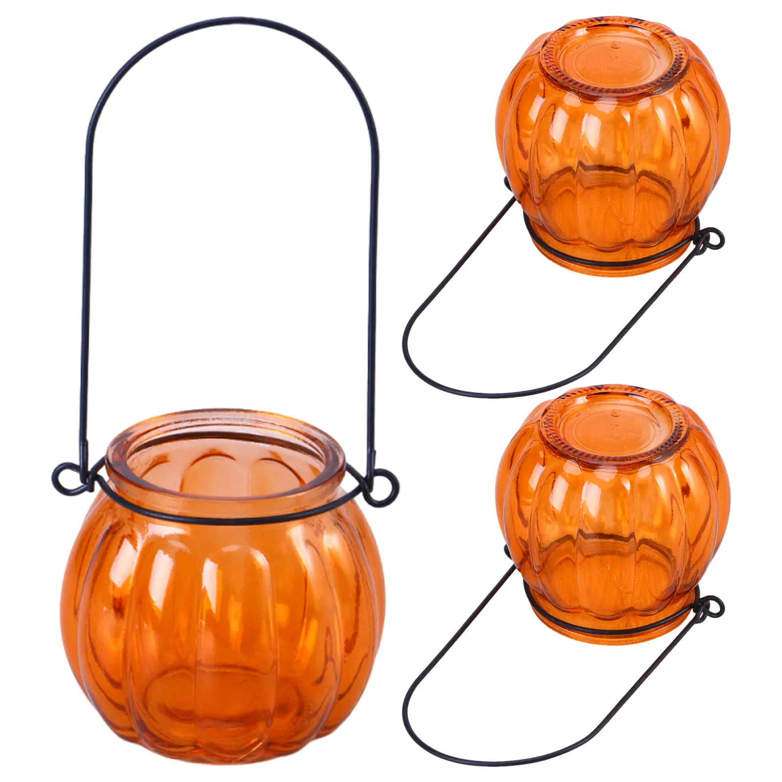 3Pcs Pumpkin Glass Holders Clear Decorative Tea Light Holder Hanging Votive Lantern Centerpiece Table Decor