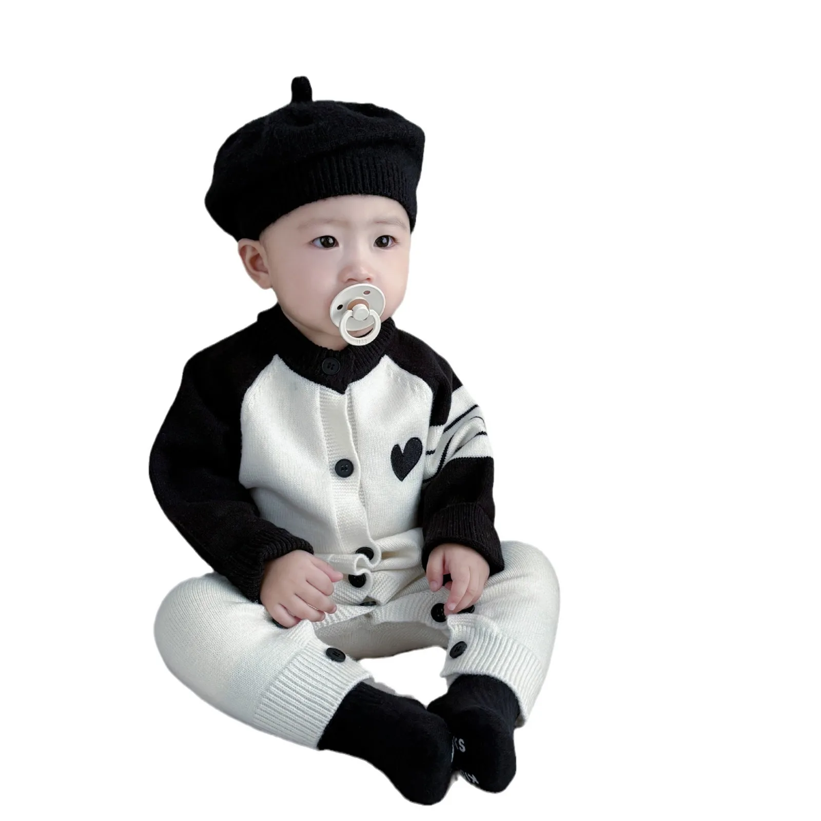 جديد ربيع الخريف الاطفال أسود أبيض رمادي المرقعة اللون محبوك البلوزات طويلة الأكمام الطفل السروال القصير الوليد بنين بنات 1-3 سنوات