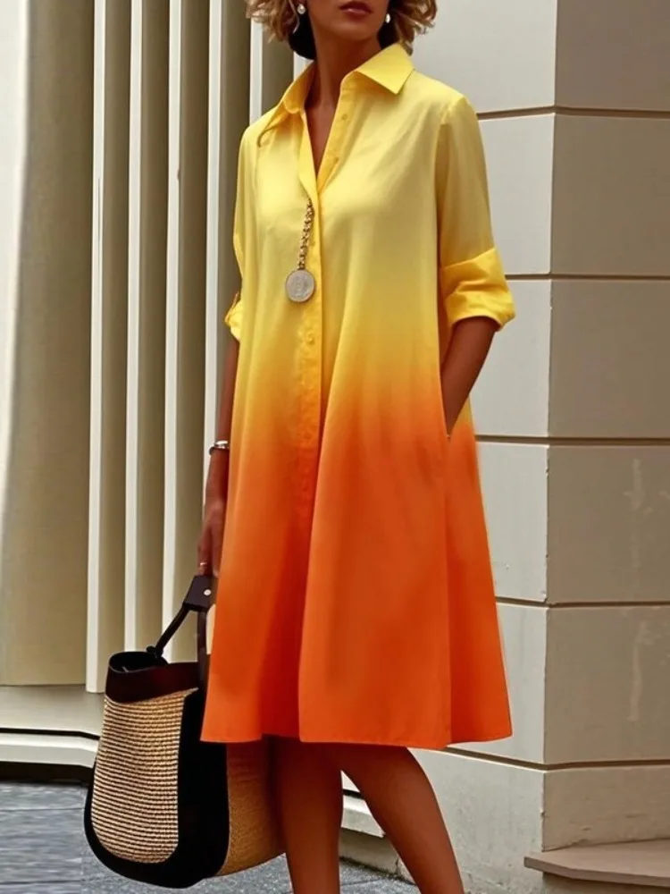 Yeezzi オフィスレディグラデーションカラーラペルシャツドレス女性ファッション長袖ルーズボタンエレガントパーティーイブニングミディドレス