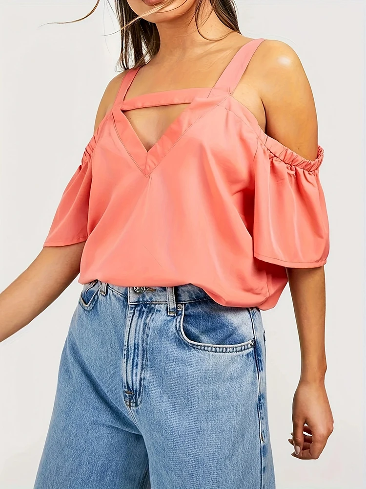 Mugen Solid Color Blouse Off-Shoulder Tops 2024 Women's Clothing For Summer Short Sleeves T-Shirt Loose Casual Square Collar Tee
