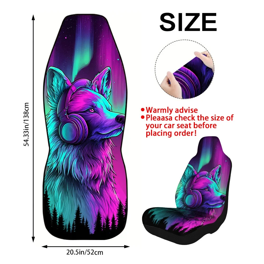 2pcs Neon Wolf Headphones Aurora Design Car Seat Covers Set – Stylish Interior Upgrade With Elegant Modern Appeal For Most Cars,