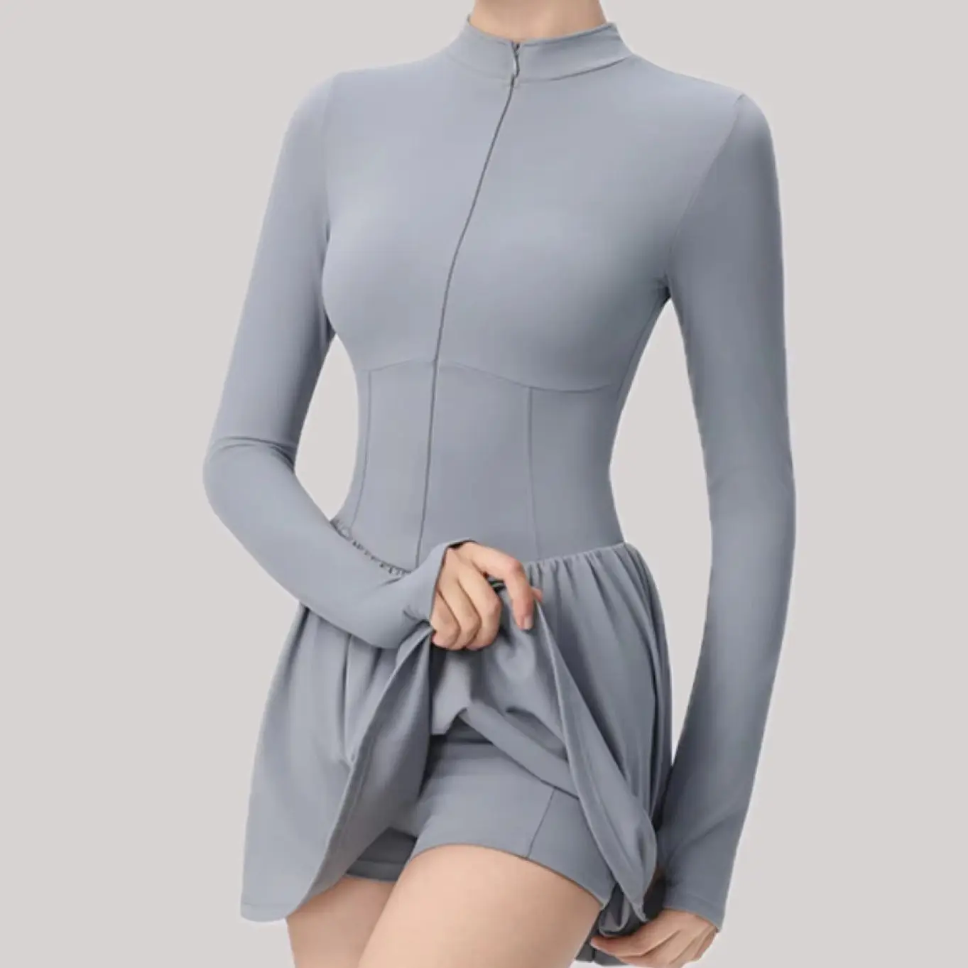 New One-Piece Stand up Collar Long Sleeved Dress Women Yoga Outdoor Running Anti Glare Base A-line Skirt Workout Tennis Jumpsuit