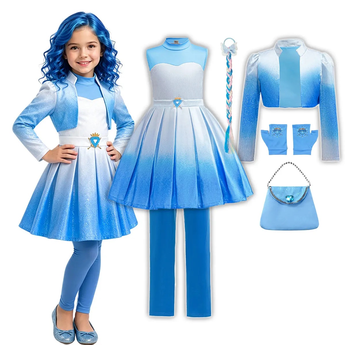 Kid Cool Descendant Halloween Outfit Girls 2026 Movie Role Play Chloe 3Pcs Costume Set Glitter Gradient Blue Dress+Coat+Leggings