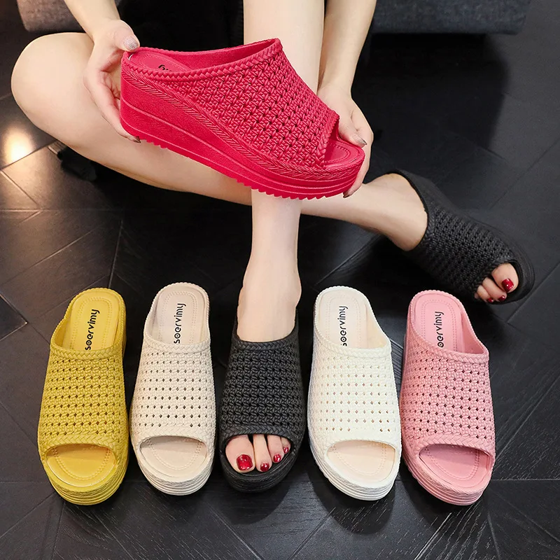 

Fashionable Mesh High Heel Anti-Slip Summer Indoor Thick Bottom Platform Ladies Slippers Red Cool Slides Korean Style Shoes