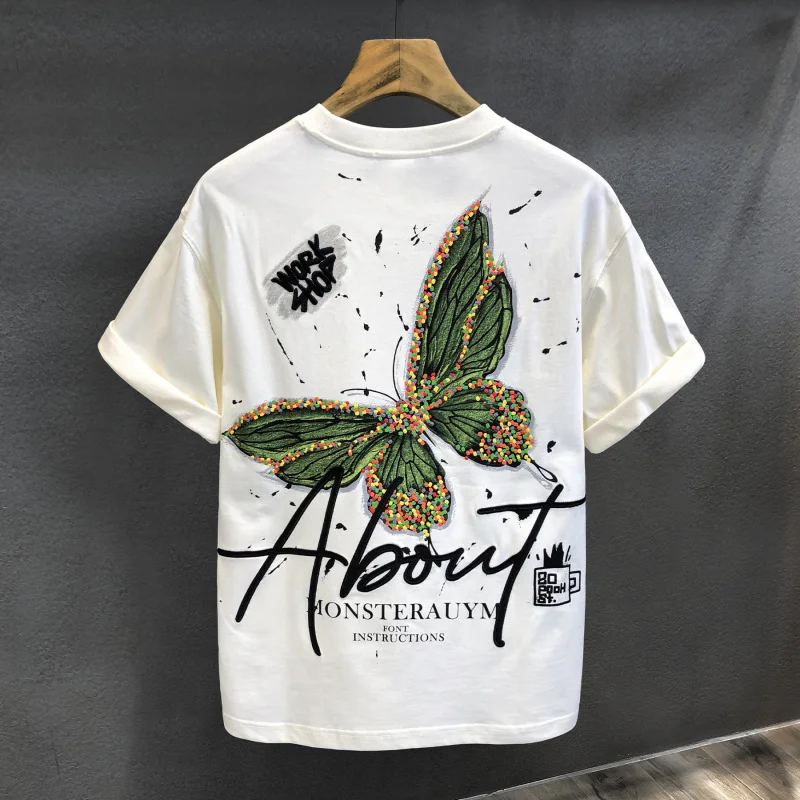 Mottled butterfly printed short sleeved T-shirt for men's summer 2024 new fashion trend loose half sleeved clothes