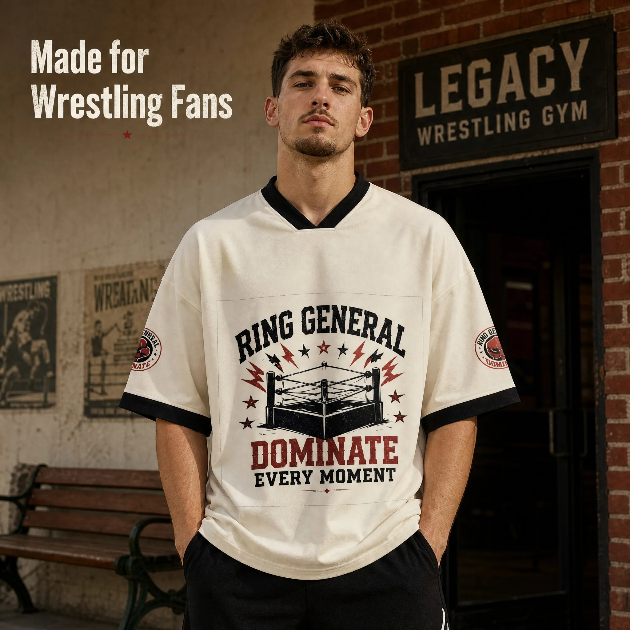 Men's Retro Wrestling V-neck T-shirt Ring, Dominating Every Moment Pattern Short Sleeve Retro Sports Street Top