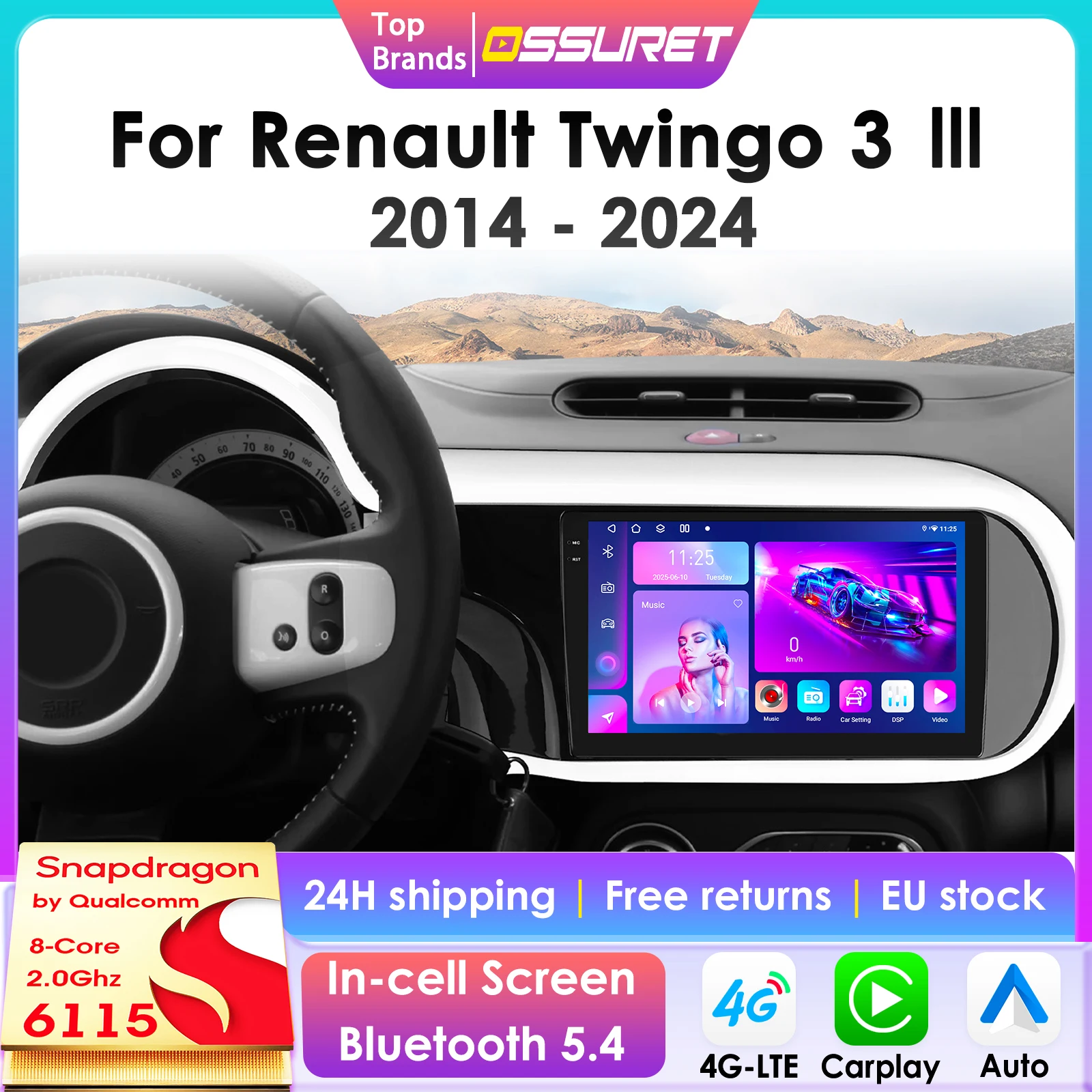 Autoradio Wireless CarPlay Android Auto per Renault Twingo III 2014-2024, Sistema GPS Intelligente, Stereo Multimediale 6115