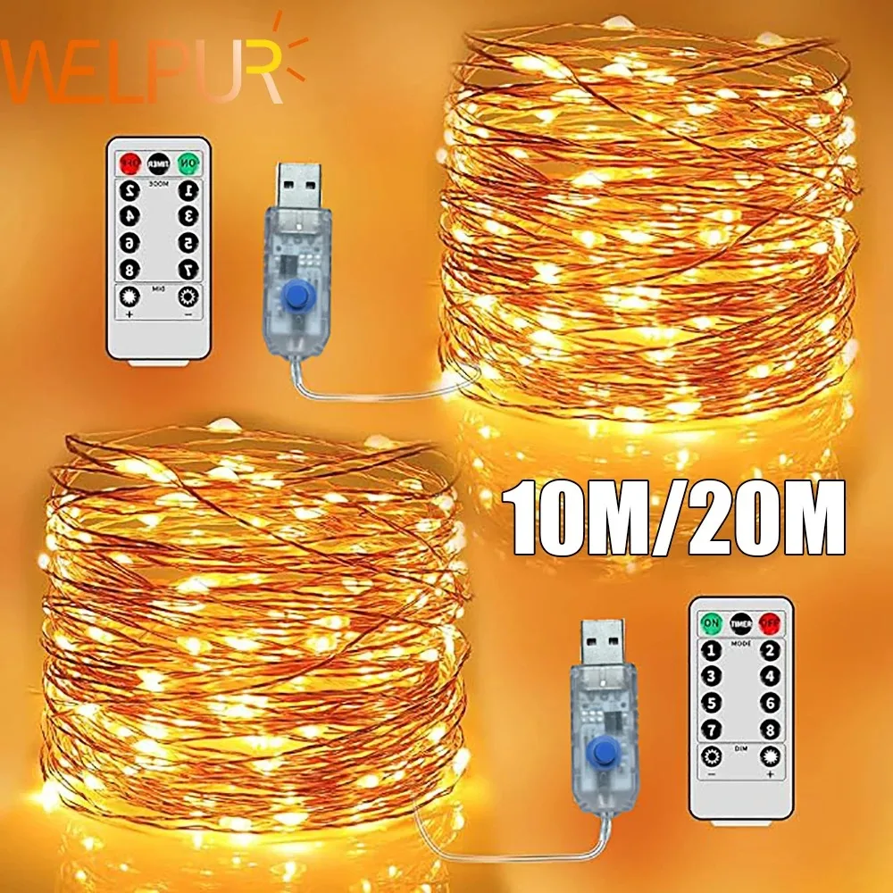 Guirnalda de luces LED USB de 5M/10M/20M, guirnalda de alambre de cobre y plata, luces de hadas impermeables para decoración del banquete de boda y Navidad
