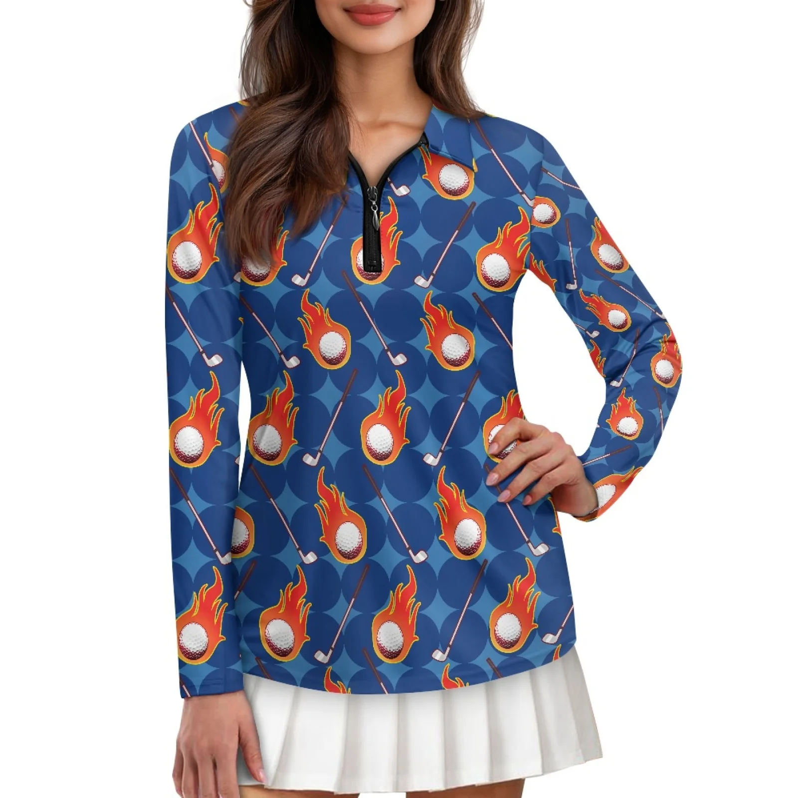 PENSTROLL Flaming Golf Ball Womens Breathable Athletic Outfits Soft Zip Polo Tennis Top for Outdoor