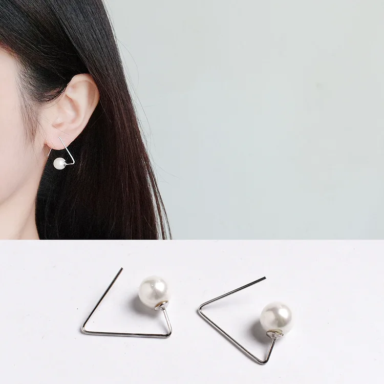 Trendy Woman's S925 Sterling Silver Geometric Triangle Pearl Stud Earrings for Nightclub and Party