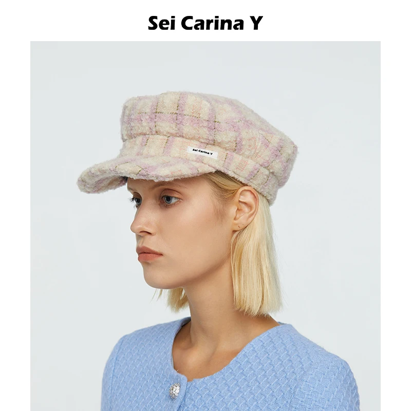 

Sei Carina Y Plaid Beret Hat Fene Winter Faion Wide Brim Wool Blend Caps Youth Travel Accories Candy Color Women's Fit