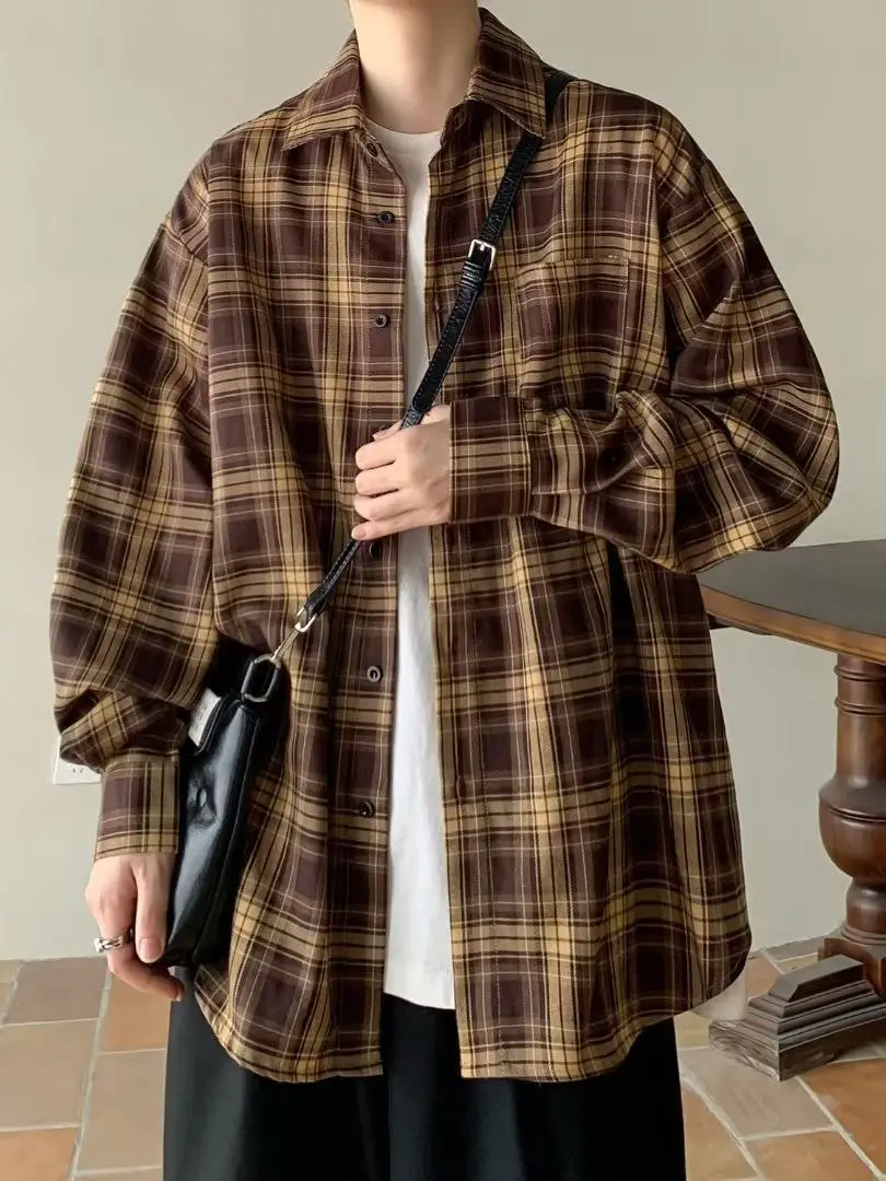 Korean retro checkered shirt men's long sleeved spring and autumn new style loose casual high-end men's shirt jacket