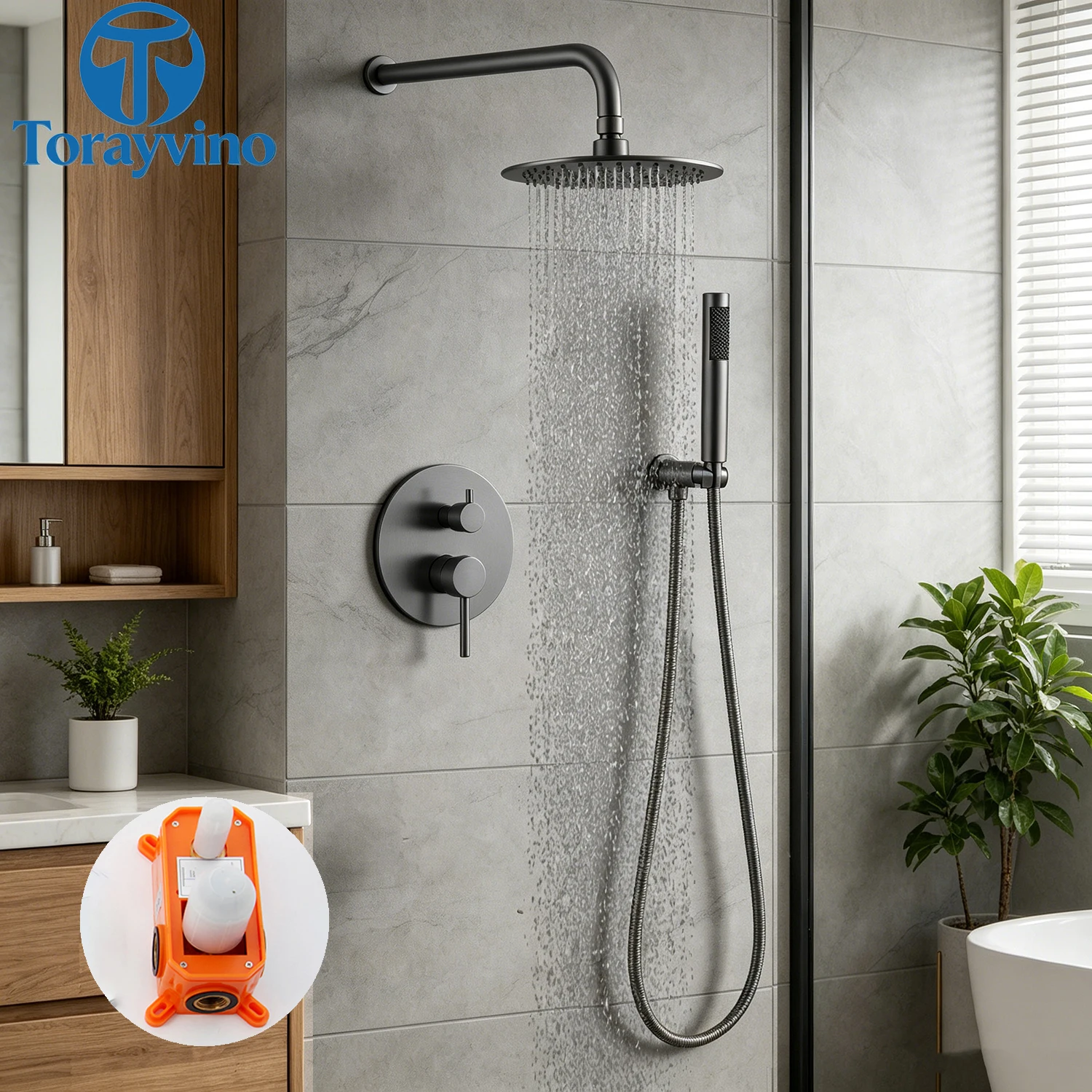 Torayvino Bathroom Grey Brushed Shower Faucet Set With Rain Shower Head Outdoor Shower System Set Complete Bathtub Kit Mixer Tap