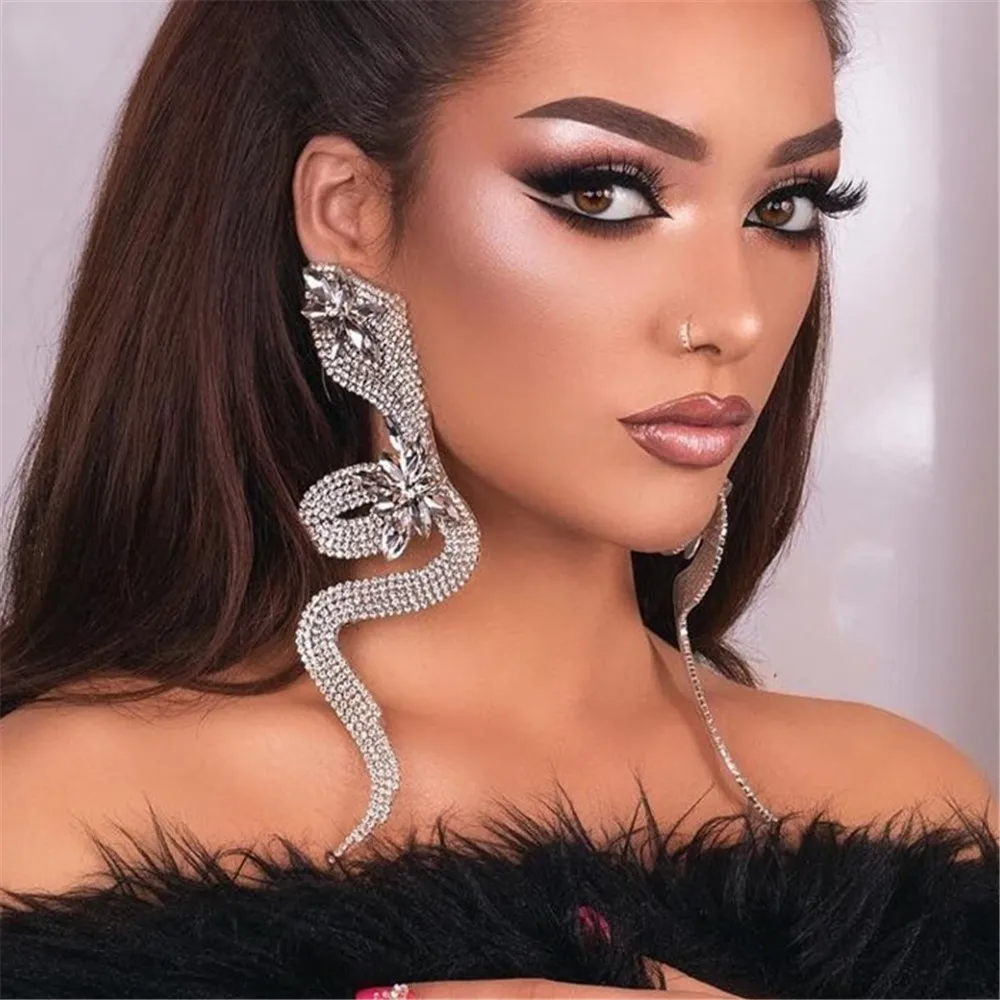 Indian Gorgeous Rhinestone Long Tassel Snake Drop Earrings for Women Crystal Large Big Dangle Animal Earrings Jewelry Gifts