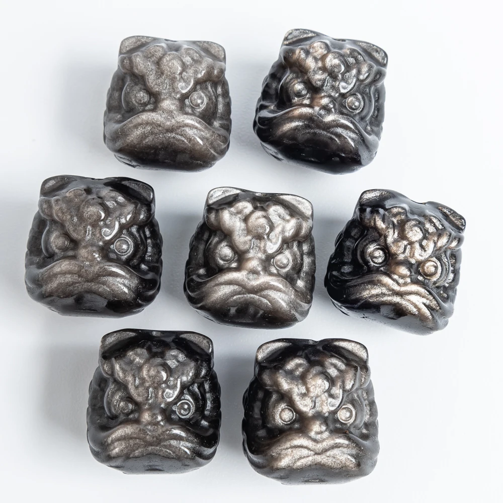 5Pcs Silver Obsidian Lion Dance Head Pendant 16x16MM Silver Black Auspicious Guardian Charms for Fortune DIY Jewelry Making